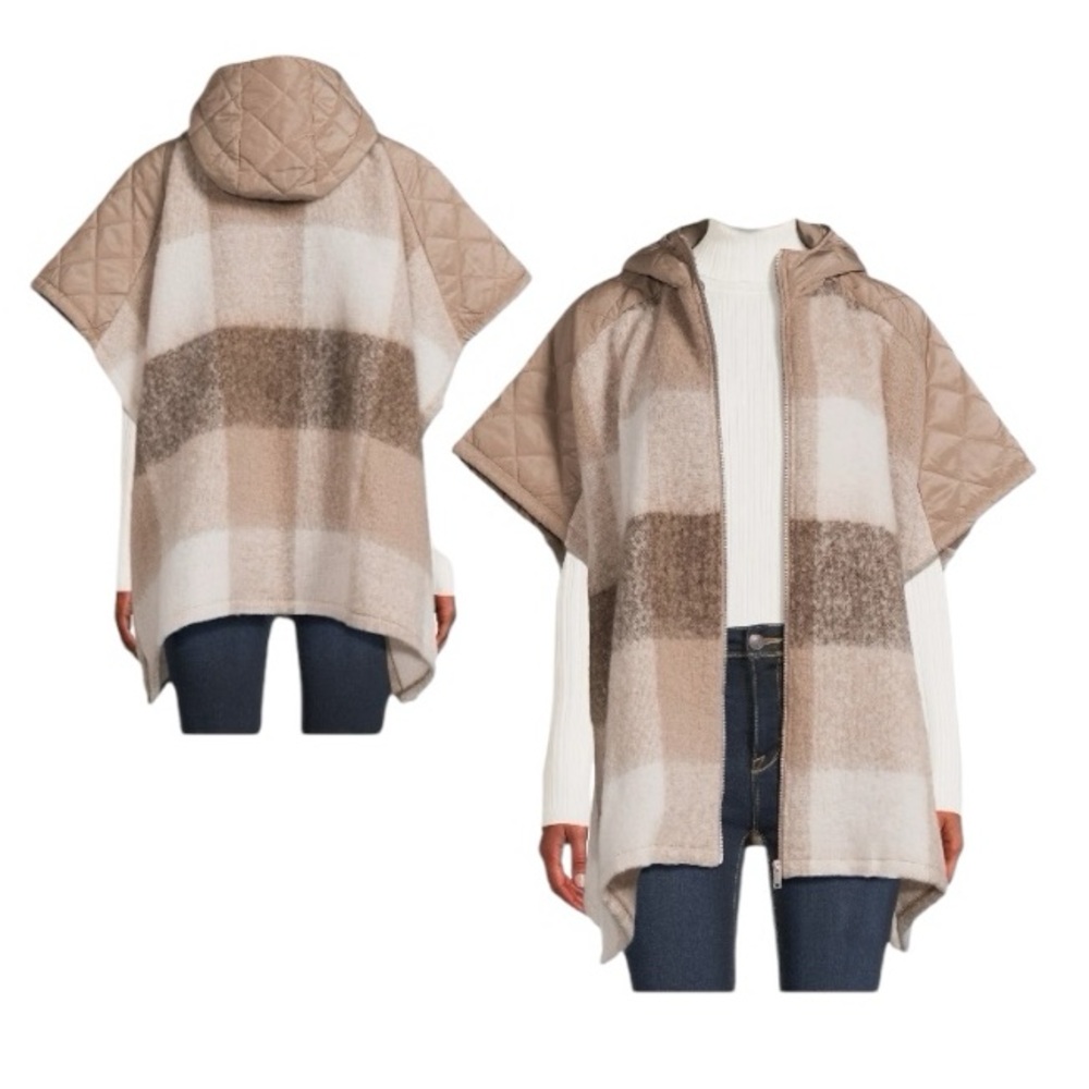 Time And Tru Stone Plaid Hooded Zipper Poncho Sweater - Picture 2 of 11